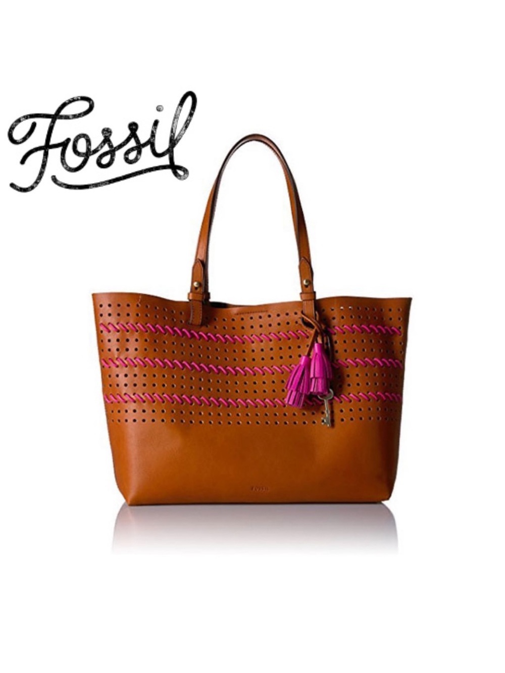 Fossil Women's Tan Leather Tote with Pink Accents gorgeous bag!